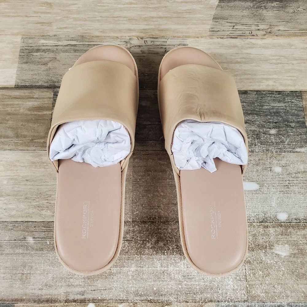 Rockport Aubriella Womens Sandals Sz‎ 10 M Neutral Beige Leather Slip On Slide